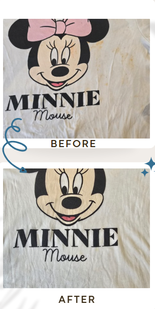Before and after a real spaghetti sauce stain test on a child's white Minnie Mouse top