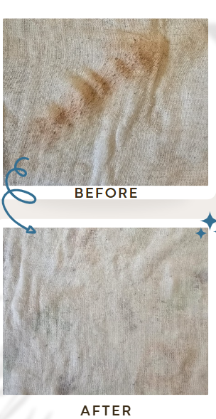Before and after a real makeup stain test on light-coloured fabric