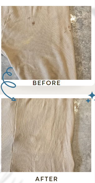Before and after a real chocolate stain test on a child's cream corduroy clothing